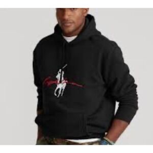 Polo Ralph Lauren Mens Big Pony Script Logo Hoodie Black Sweatshirt Medium